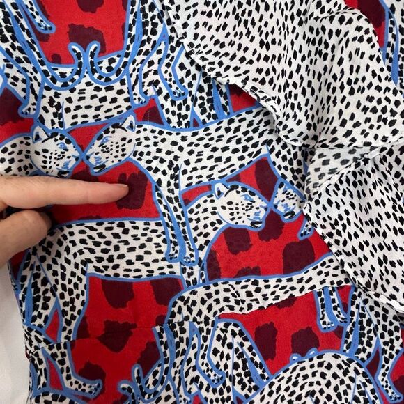 Parker Peplum Top Leopard Silk Small Red White Cheetah Print Ruffle Short Sleeve - Picture 9 of 14